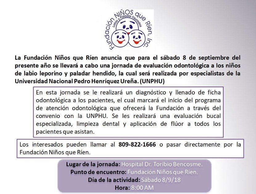 Aviso sobre jornada de evaluación odontológica a los niños de labio leporino y paladar hendido